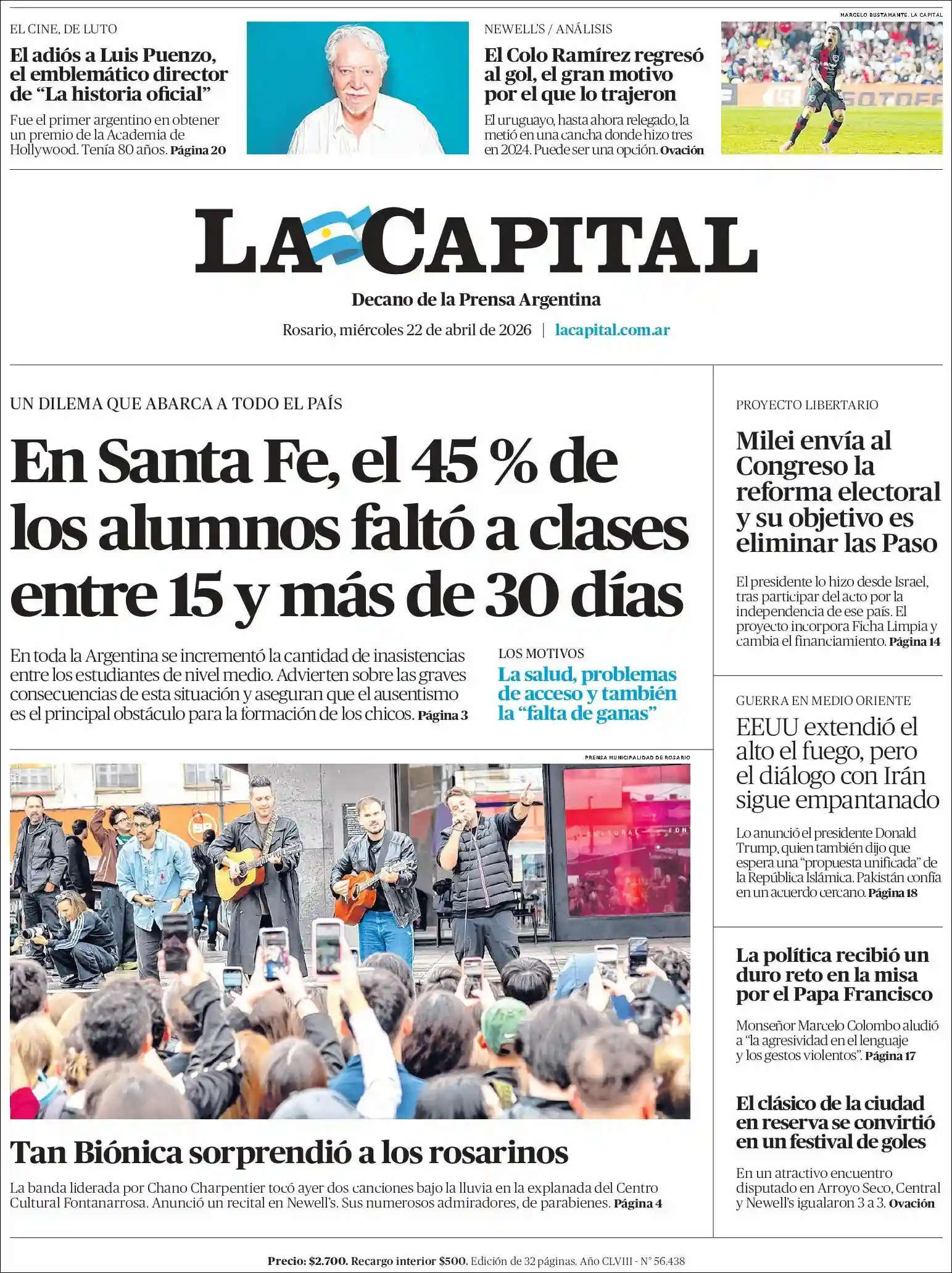 Tapa del diario La Capital Rosario