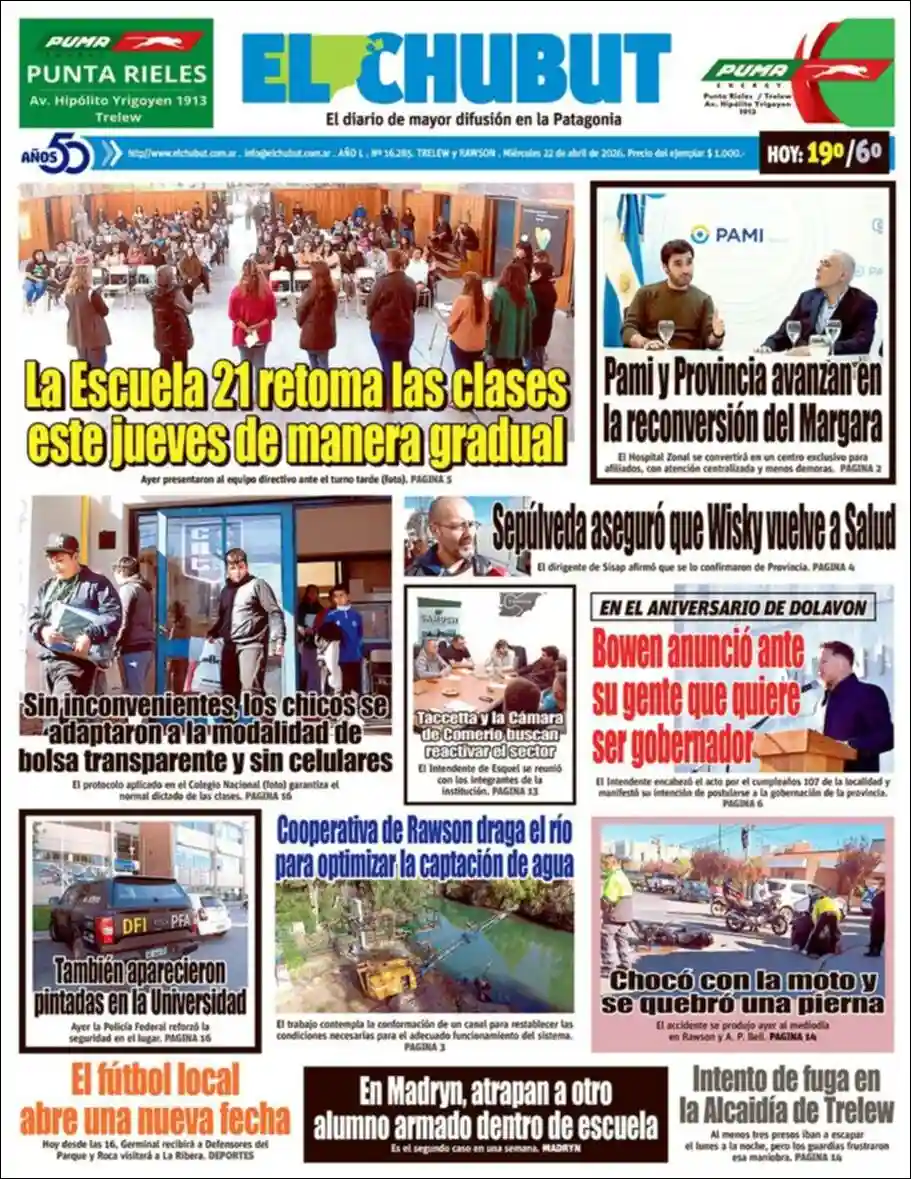 Tapa del diario El Chubut