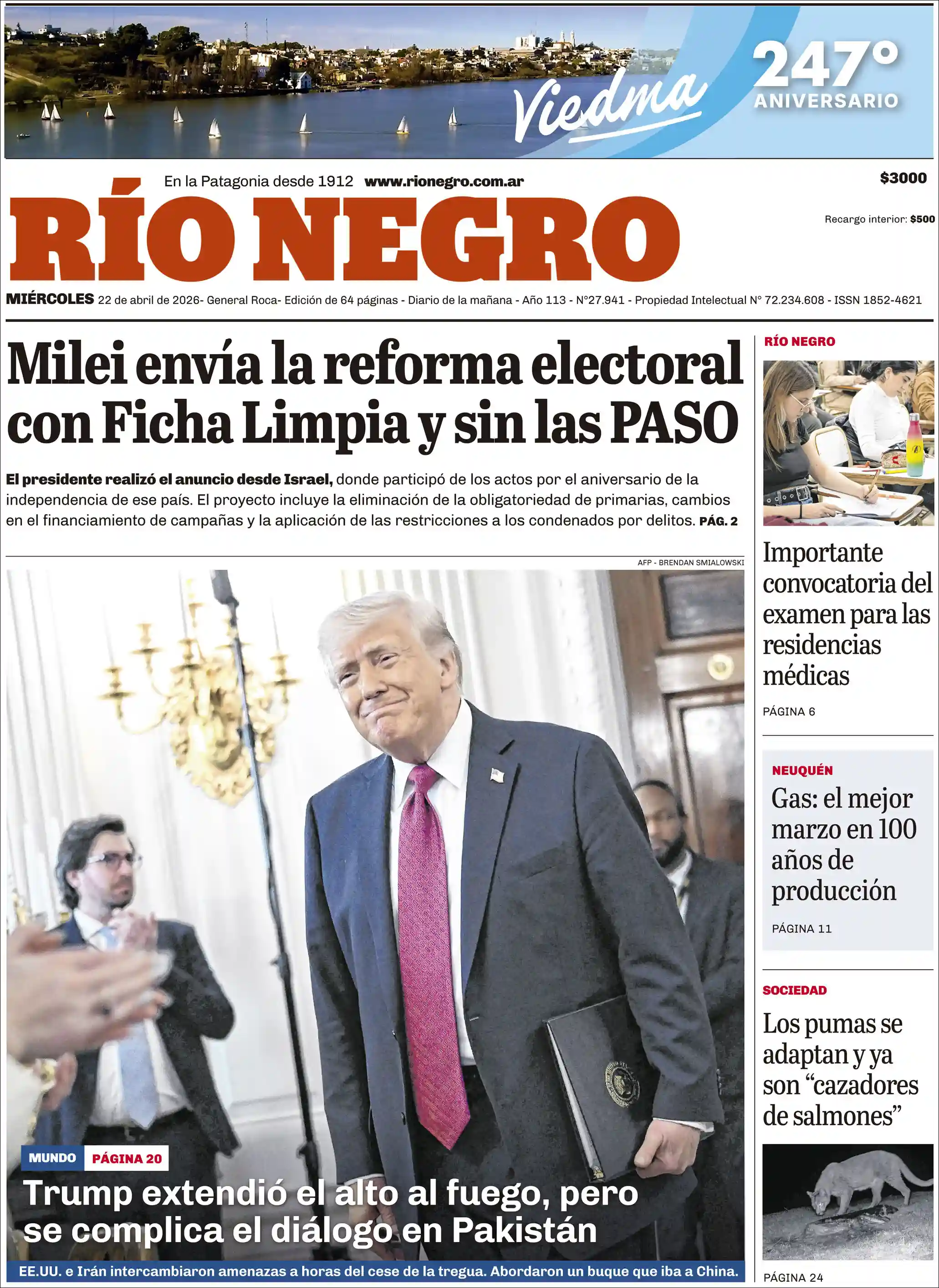 Tapa del diario Rio Negro