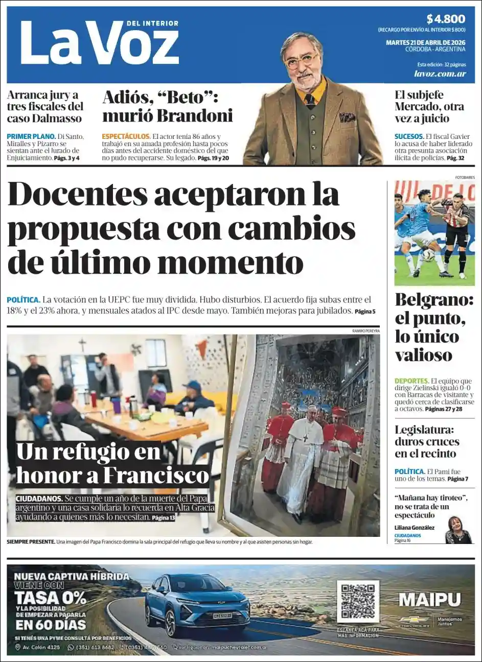 Tapa del diario La Voz